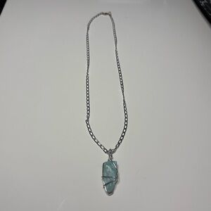 Silver-Tone Chain Necklace with Wire-Wrapped Stone Pendant Boho Layering
